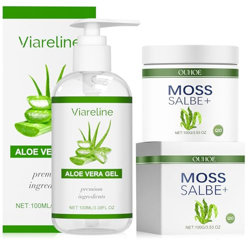 Aloe Vera Gel 100% Pur 100ml + Moossalbe Plus 100G, Aktiv Moos Salbe | Aloe Vera Gel Bio für Gesicht Haare Körper,Moossalbe Gesicht Falten Testsieger,BeruhigendePflegendeFeuchtigkeitscremeAfterSun