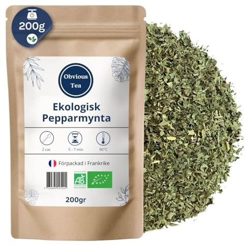 Ekologiska pepparmyntsblad – Ekologiskt örtte eller kulinariskt bruk – Mentha × Piperita L. – Ekologiskt odlad – Uppfriskande mentholdoft och frisk smak – 200 g påse (100 koppar)