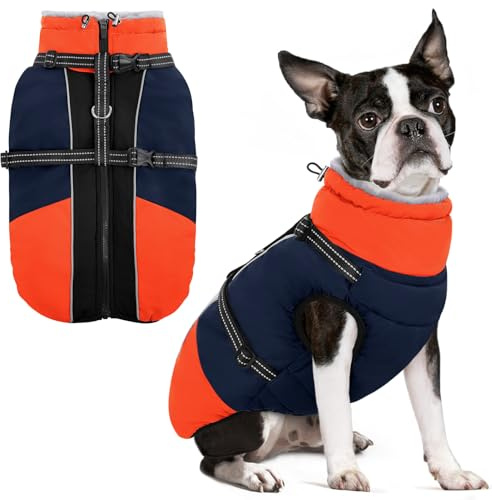 SUNFURA Hundemantel für kleine Hunde, warme Hunde-Winterjacke mit integriertem Geschirr, wasserdichte Haustier-Schneejacke, Fleece, kaltes Wetter, Mäntel für Welpen, Chihuahua, Malteser, Blau, XS