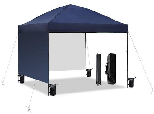 10x10 Pop Up Canopy Tent with 2 Sidewalls, Easy Up Canopy Upgraded Outdoor Party Sun Shade Tent Portable Gazebo for Beach Camping Events with Carry Bag and 4 Sand Bags (Navy Blue-New)