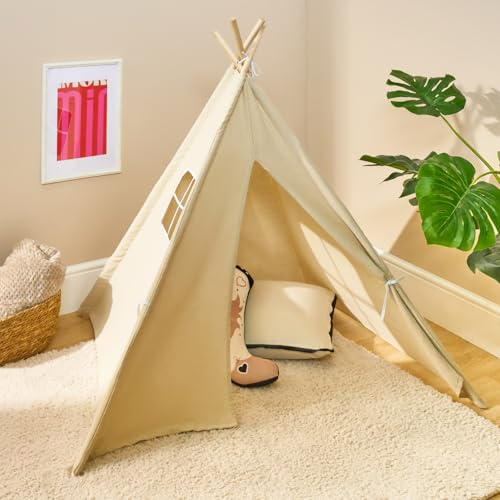 OHS Teepee Tent for Kids Sleepover, Foldable Play Kids Tent Easy to Assemble Indoor Outdoor Children Teepee Tents Portable Garden Beach Canvas Playhouse with 4 Wood Poles, Natural