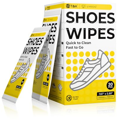 T&K Shoe Cleaning Wipes, 30 Individually Wrapped, No Rinse Stain Removal for Leather, Canvas, Mesh Trainers etc., Quick-Clean Shoes Wipes for Travel & Home (20cm x 15cm) | Individually wrapped, no rinse stain removal for canvas & mesh sneakers, portable for travel & home, 7.87 x 5.9 inch