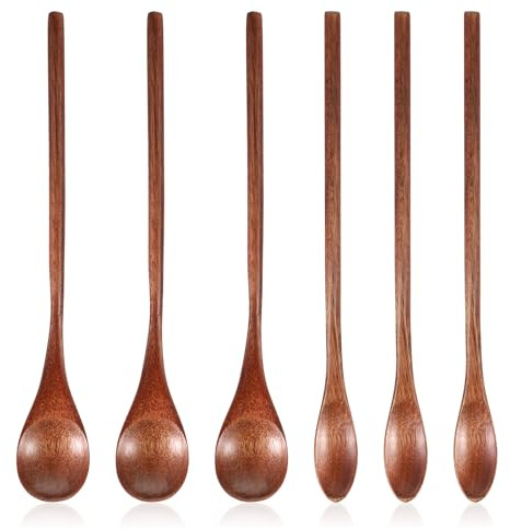 Holz Löffel, 6 Stück 20cm Holzlöffel Klein Langen Griff Holz Suppenlöffel Set japanischen Stil Küchengerät zum Dessert Honig Marmelade
