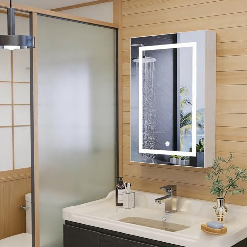 HYNHXBP Toalettskåp med LED-spegel och förvaring - väggmonterat badrumsskåp med 3 belysningslägen och touch-strömbrytare - förmonterat badrumsväggskåp, vit (50 x 70 cm)