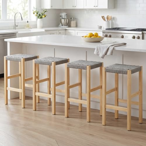 chairus 4er Set Barhocker aus Holz, Landhaus Küchenhocker mit Seilgeflecht, Barstuhl Sitzhöhe 65 cm, für Kücheninsel, Bistro (Grau)