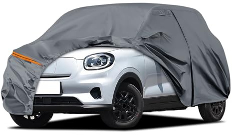 Autoabdeckung Wasserdicht für 2025-2026 Leapmotor T03 Hatchback, Grau | Vollgarage Autoplane Auto Abdeckplane Winter Sommer Allwetter Outdoor Abdeckung mit Reißverschluss Tür, Windschutzbänder