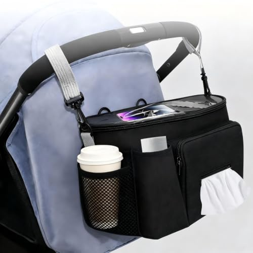Pram Bag, Upgraded Pushchair Organiser with Touch Screen Phone Pocket, Stroller Organizer with 2 Mesh Bags and Adjustable Shoulder Strap Buggy Baby Pushchair Organiser for Diapers Wipe Bottles Keys
