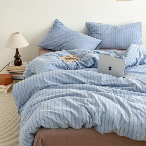 Freyamy Gestreifte Bettwäsche 135x200 Blau Braun Gestreift Bettwäsche Set | Aesthetic Wendebettwäsche Streifen, 2teilig, Microfaser ÖKO-TEX Bettbezug mit Reißverschluss und 1 Kissenbezug 80x80cm