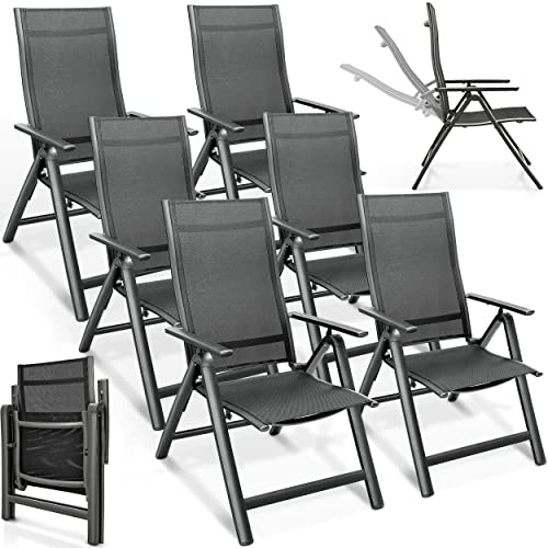 tillvex® Gartenstuhl Hochlehner 6er Set klappbar mit Armlehnen Wetterfest | Klappstuhl 7-fach Verstellbar | Campingstuhl Klappbar & Atmungsaktiv | Gartenstühle Balkon Terrasse Aluminium