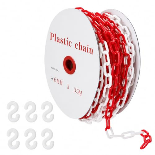 Cadena de seguridad de plástico rojo y blanco, 6 mm x 35 m, cadena de advertencia, cadena de plástico con 6 ganchos en S, cadenas de barrera para obras, aparcamientos, colas y cuidado de pedidos
