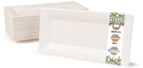 BIOZOYG Stoviglie Monouso di Canna da Zucchero Piatto usa e getta compostabile I 50 pezzi Piatti Feste rettangolari 26x13 cm bianco I Piatti Bagassa biodegradabili per Antipasti Stuzzichini Bistecca