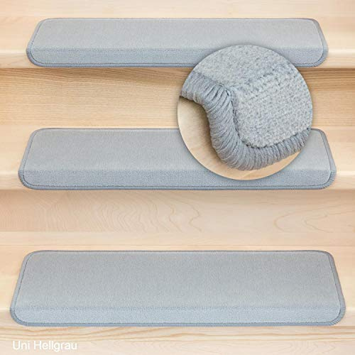 Metzker Stufenmatten Treppenmatten Uni Hellgrau 18 Stück Rechteckig | Velourteppich von DAS TEPPICHWERK - Trittfläche ca. 65x24cm incl. Klebeband