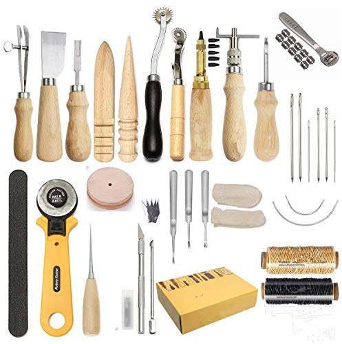 Cuciture in pelle cucito a mano utensili 25PIECES kit riparazione cucito fai da te Kit con punteruolo Groover cerato ditale filo per cucire in pelle