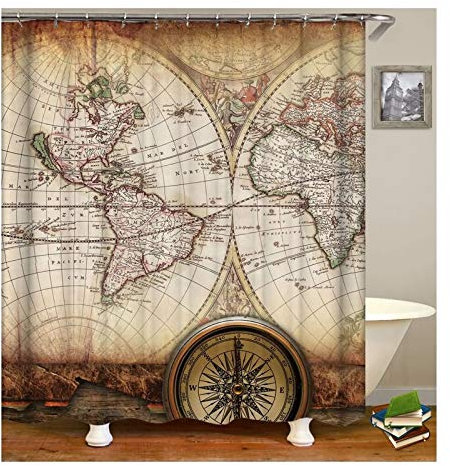 KnSam Duschvorhang Anti-Schimmel Wasserdicht Vorhänge an Badewanne Bad Vorhang für Badezimmer Weltkarte Kompaß 100% PEVA inkl. 12 Duschvorhangringen 180 x 180 cm