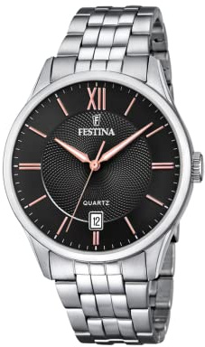 Festina Herrenuhr Analog aus Edelstahl 316l Silberfarben | Quarzwerk, Kalender, Widerstandsfähiges Mineralglas, Wasserdicht 5 ATM F20425/6