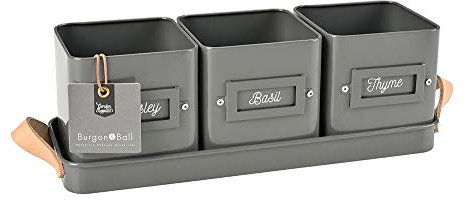 Burgon and Ball Herb Pot Planters in Leather Handled Tray Set of 3 in Charcoal