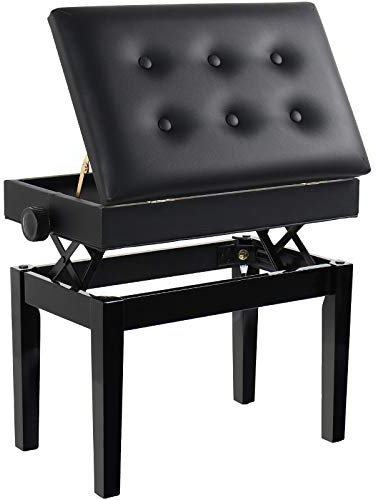 GRANDMA SHARK Piano Stool, Dressing Table Stool, Height Adjustable, Single Seat Keyboard Bench with Storage Compartment, Soft Faux Leather Padded Seat (Black Button)
