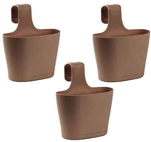 Engelland 3 x Blumentopf zum Auf-Hängen, Geländertopf, Braun, Hängetopf, Balkon-Kasten, oval, Übertopf, Pflanzkasten, mit Wasserspeicher/Wasserauffangschale, 2,8 Liter