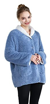 Loungees Women's Plush and Cozy Sherpa Reversible Button Front Bed Jacket
