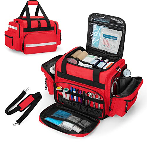 Damero Medizinische Trauma Tasche, Professionelle Ersthelfer Tasche, Rot | mit Abnehmbaren Trennwänden und Mehreren Taschen für Medizinisches Zubehör, Leer