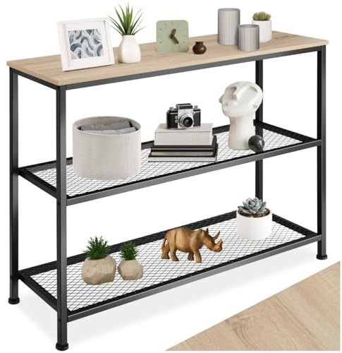 tectake® Industrial Konsolentisch schmal, Bartisch Konsole, Kommode mit 2 Ablagen, Beistelltisch für Wohnzimmer Flur, Sideboard, Regal oder Blumenbank - Industrial Holz hell, Eiche Sonoma