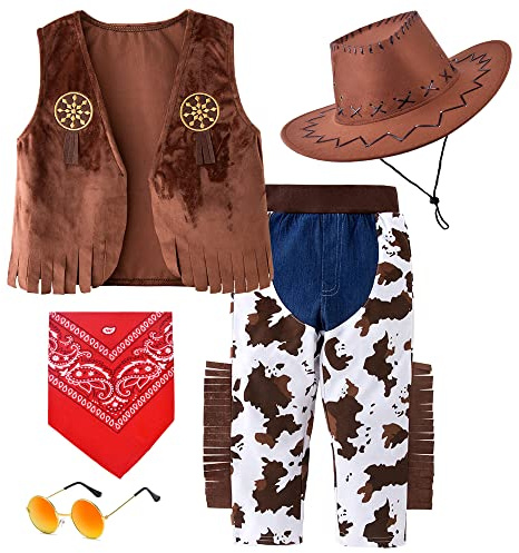 ZZIHAN Kids Cowboy Costume Chaps Vest for Boys Role Play Cowboy Cowgirl Hat Bandanas Sunglasses Dress up Accessories for Toddlers Boys Girls Birthday Party Halloween Christmas Cosplay Gift 3-5T