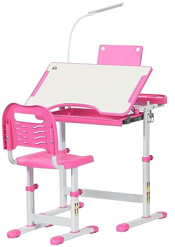 HOMCOM Kids Desk and Chair Set, Height Adjustable Study Desk with Tiltable Desktop, USB Lamp, Storage Drawer for Study, Pink