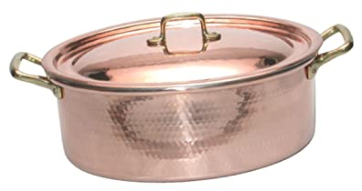 CREARTISTIC Casseruola Ovale in rame stagnato – Pentola 37 x 26 cm, H 12.5 cm, 2 maniglie in ottone 4 cm, con Coperchio, Pirofila da forno, Rostiera 100% Made in Italy – Fatto a mano