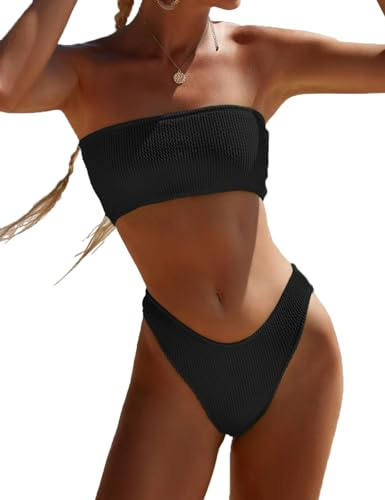 YIMISAN Women's Two Piece Bandeau Swimsuit Ribbed Strapless Tube Bikini Top with Mid Waist Cheeky Bottom Bathing Suit Black