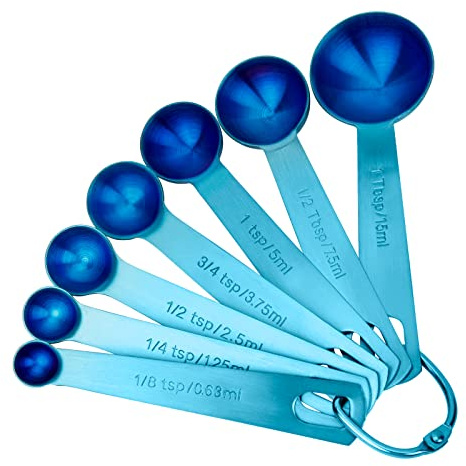 Blueden Measuring Spoons, SUS304 Stainless Steel Measuring Cups Set of 7 Piece： 1Tbsp&1/2Tbsp,1tsp,3/4tsp,1/2tsp,1/4tsp,1/8tsp Teaspoon Coffee Scoop Tablespoon for Dry and Liquid Ingredients, Blue