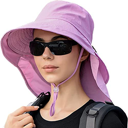 MAKFORT Wide Brim Sun Hat with Neck Flap Fishing Hats Hiking Hat Outdoor UPF 50+ UV Protection Riding Hat with Ponytail Hole for Women