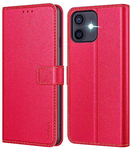 Ganbary Handyhülle für iPhone 12/12 Pro Hülle, Premium Leder Klapphülle [Kartenschlitzen] [Magnetverschluss] [Standfunktion] kompatibel mit iPhone 12/12 Pro Schutzhülle, Rot