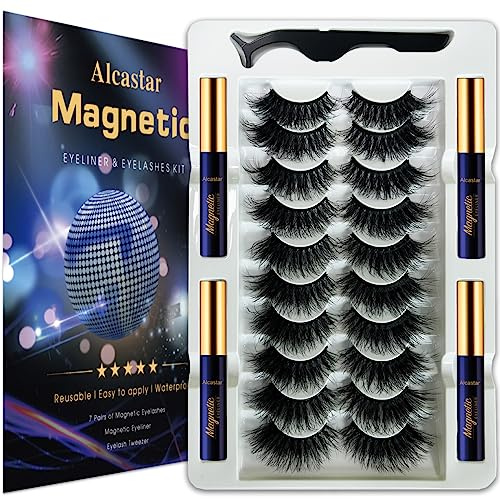 Alcastar Magnetic Eyelashes with Eyeliner Kit, Synthetic Fiber, Natural Look, Waterproof, No Glue Required (Black-Full Volume 10 Pairs)