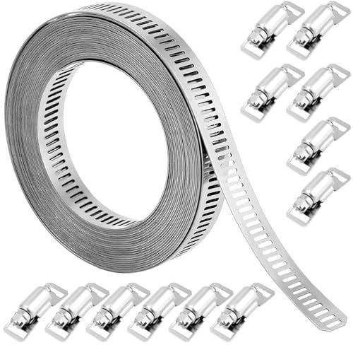 QWORK® abrazaderas metalicas de acero inoxidable 304, abrazaderas de mangueras de 5 m con 12 sujetadores para tubos y líneas de combustible, tuberías, conductos de aire