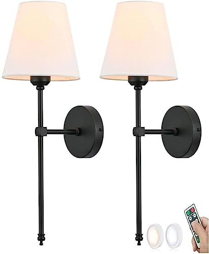 2 PCS Farmhouse Battery Operated Wall Sconces Set of Two Black Remote Wireless Wall Light Vintage Long Arm White Fabric Candle Gold Wall Mounted Lamp for Bedroom Bedside Living Room