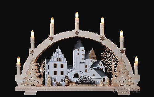 Tietze Erzgebirgsdesign Schwibbogen Weihnachtsmarkt am Schloß 52cm mit 7 offenen Kerzen - Handarbeit aus dem Erzgebirge