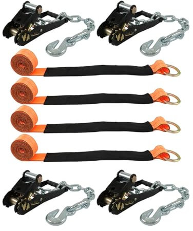 Paquete de 4 amarres para coche con anclajes de cadena, estilo lazo, 2 x 96 pulgadas, 3.3 libras, carga de trabajo segura, color naranja