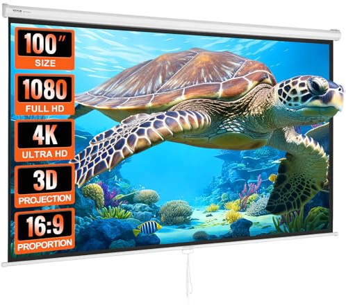 VEVOR Manual Pull Down Projector Screen, 100 inch 16:9 4K 1080 HD Retractable Projector Screen, Auto-Locking Portable Projection Screen, Portable Projector Movie Screen for Family Home Office Theater