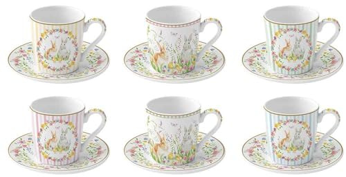 Easy Life Set 6 tazzine pasquali da caffè in porcellana con piattino Happy Easter 100 ml