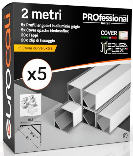 Profilo Alluminio Angolare per Strisce LED con copertura Professionale Opaca Made in Italy MedusaFlex CUBO in Policarbonato - Pacco da 5 (10m) 2000 x 15.8 x 15.8mm - Cover standard opaca inclusa