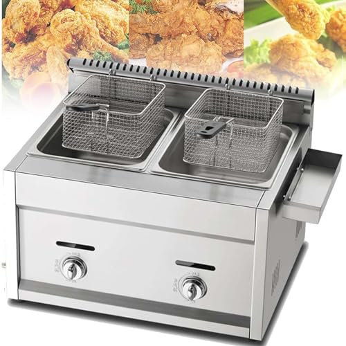 DDZJTPP Friteuse Gaz Professionnelle avec Cuve D'assaisonnement en Acier Inoxydable - Idéale pour Frites Commerciales en Restaurant Familial, 2 Paniers pour Une Cuisson Efficace,2Tank