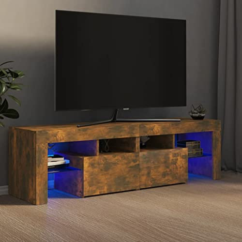 HETFTJN Meuble TV moderne - Meuble TV haut - Convient pour les petits espaces - Chambre à coucher - Couloir - Téléviseur avec lumières LED - Chêne fumé - 140 x 36,5 x 40 cm