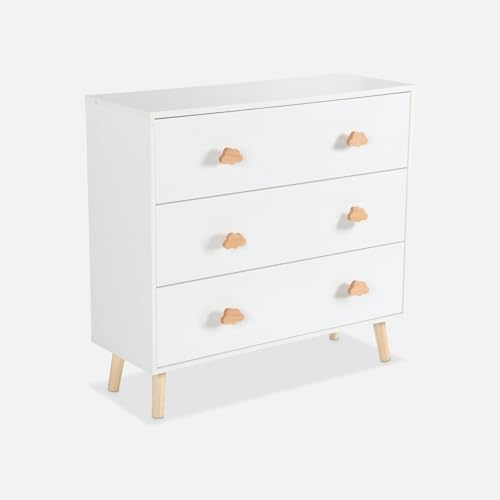 Alice's Garden sweeek - Commode Enfant. décor Bois. Blanc. 3 tiroirs. Pieds et poignées Nuage en pin