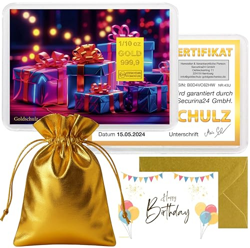 Goldschulz Goldbarren 3,01 Gramm 1/10 OZ Motivbox - Geburtstag Neon Presents - Geschenk + Echtheitszertifikat