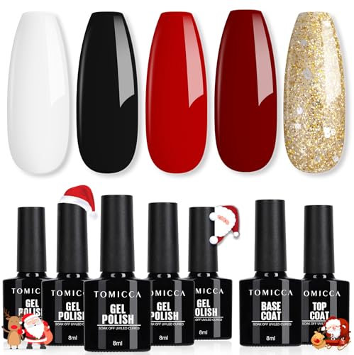 TOMICCA UV Nagellack Set, 5 Farben Gel Mit Base & No Wipe Top Coat, Glitter Rot Weiß Schwarz Gold Soak-Off UV/LED, Starter-Kit Geschenk Französisches Nagelstudio, 7 x 8ml