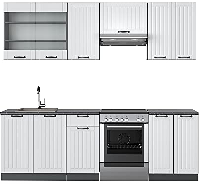 Vicco Küchenzeile Fame-Line, Weiß Landhaus/Anthrazit, 240 cm, AP Anthrazit