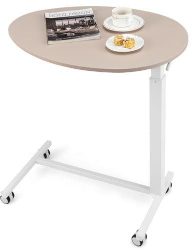 RELAX4LIFE Beistelltisch Höhenverstellbar, Couchtisch C-Form mit Rollen, Laptoptisch 75 kg statische belastbar, Sofatisch Metallgestell für Wohnzimmer Schlafzimmer Büro,76x 50x 74-108cm, hellrosa+weiß