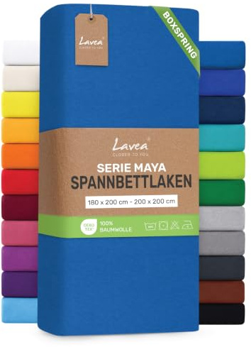 Lavea® Sábana Bajera Ajustable 180x200-200x200 cm – para Cama 180, Colchones Altos hasta 35 cm, para Camas Boxspring y de Agua, 100% Algodón, con Elástico, Aguamarina