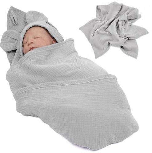 PaLulli® 100x100cm Baby Pucktuch Musselin Decken Zweischichtig - Handtuch mit Kapuze und eingenähten Ohren, Wickeln, 100% Naturreine Materialien, Antiallergisch, Atmungsaktive (Grau)
