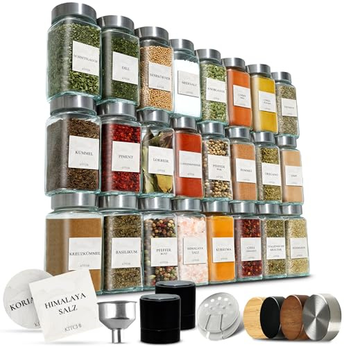 KITCHI Gewürzgläser 24er Set mit 2 Mühlen – Edelstahl Deckel – Eckige Form – 120 ml - luftdicht